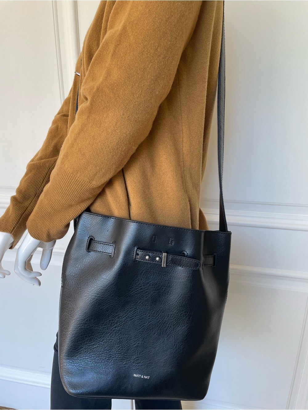 Matt & Nat Black Vegan Leather Hobo Bucket Shoulder Bag - Width 13”